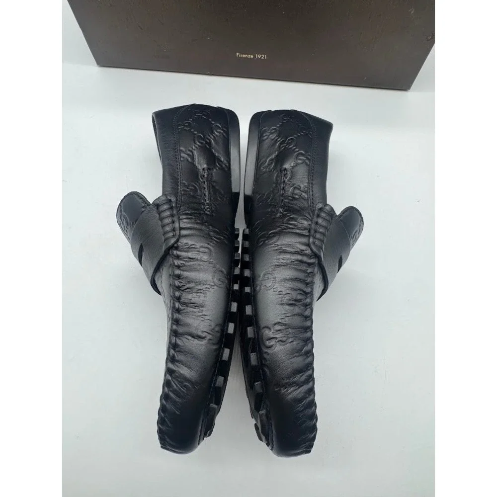 Gucci Mens Black Leather GG Guccissima Driving Moccasin Loafers Size 6 Italy